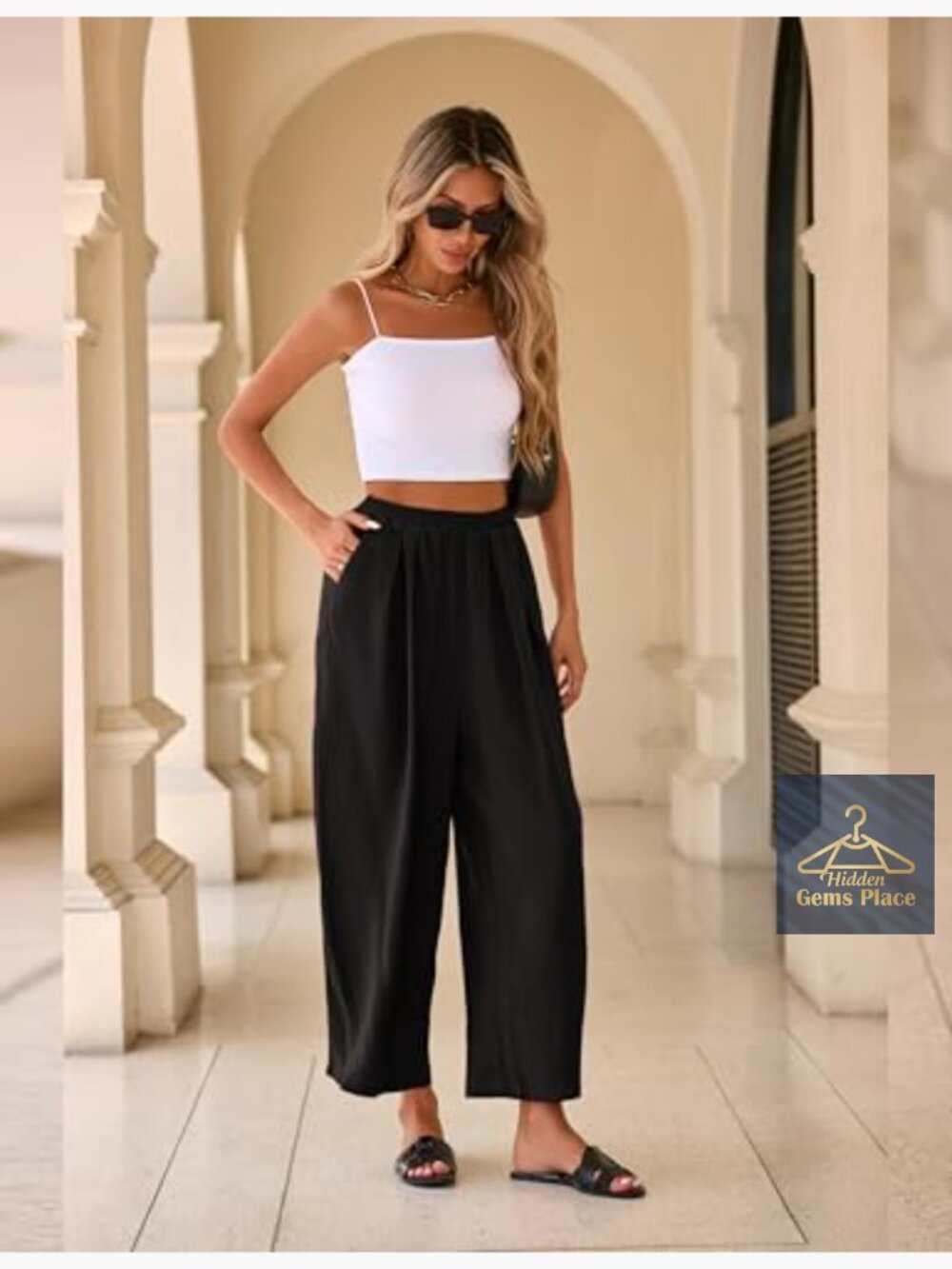 Linen Blend Wide Leg Crop Capri Pants with Pockets - Picture 4 of 7